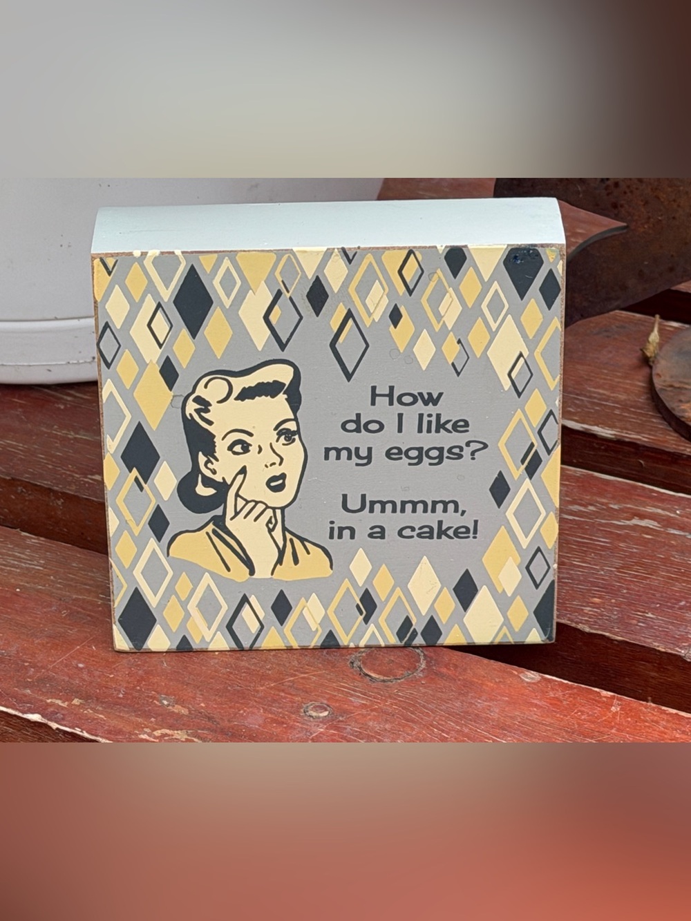 Primitives by Kathy Retro Kitchen Plaque in Gray, Yellow, & Navy Blue